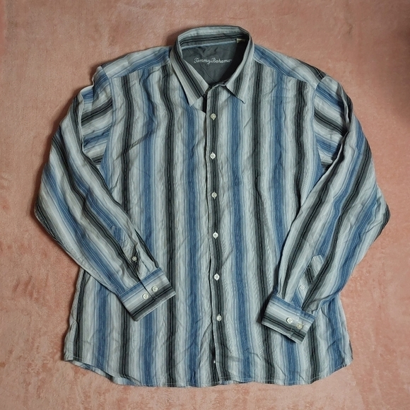 Tommy Bahama Men's GRAY BLUE WHITE Stripe 100% Tencel Button Down Size XL - Picture 1 of 9